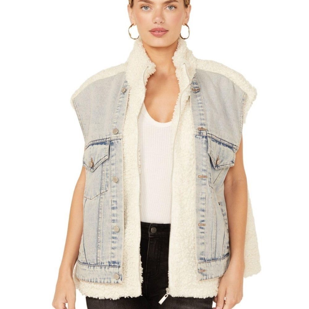 Blank NYC Women’s Off-White Sherpa and Denim Trucker Vest
